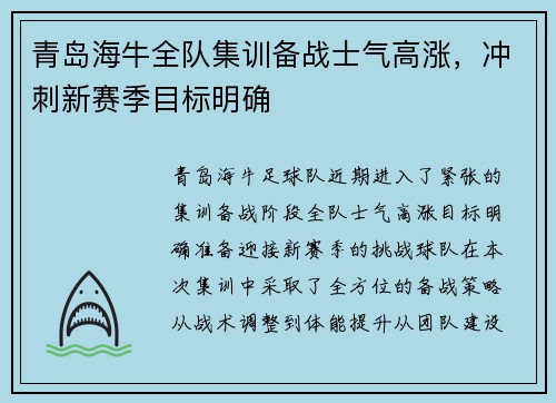 青岛海牛全队集训备战士气高涨，冲刺新赛季目标明确