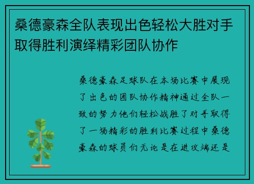 桑德豪森全队表现出色轻松大胜对手取得胜利演绎精彩团队协作